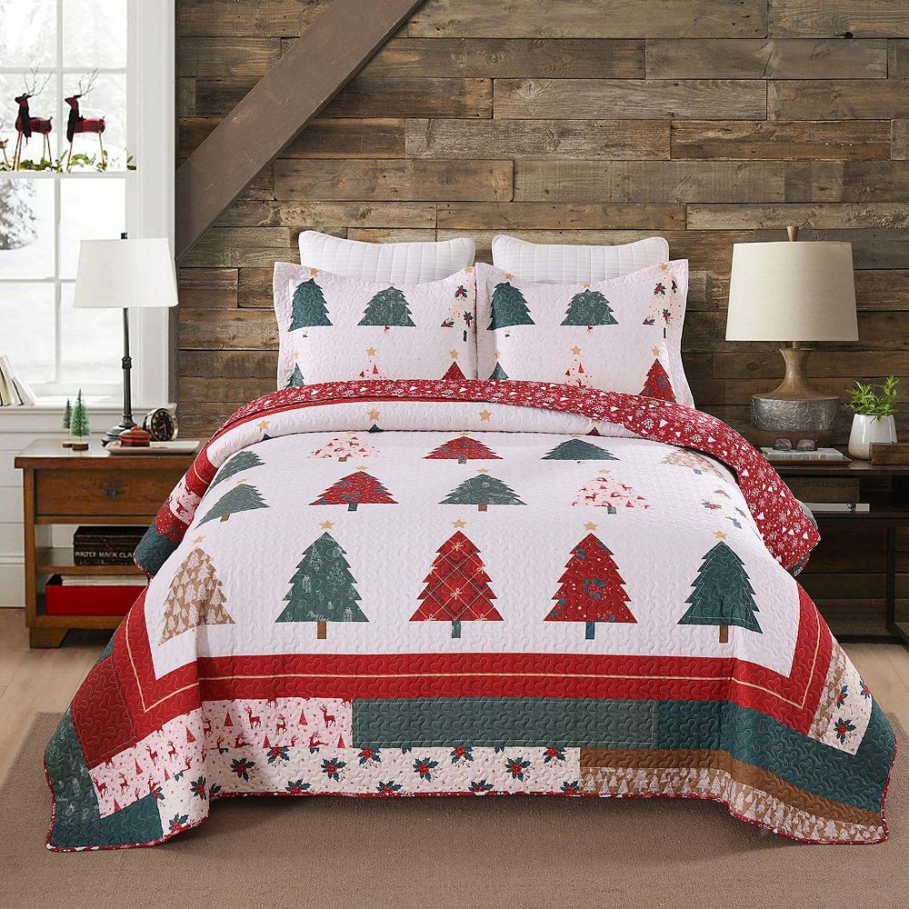 Marcielo Holiday Forest 3 Pcs Festive Christmas Tree Quilt Bedspread Set - KING