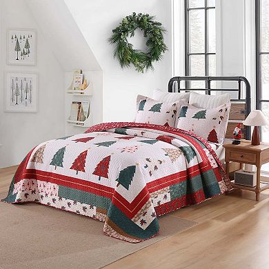 Marcielo Holiday Forest 3 Pcs Festive Christmas Tree Quilt Bedspread Set