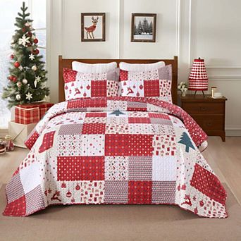 Marcielo Christmas-Themed 3 pc Holiday Patchwork Quilt Bedspread Set