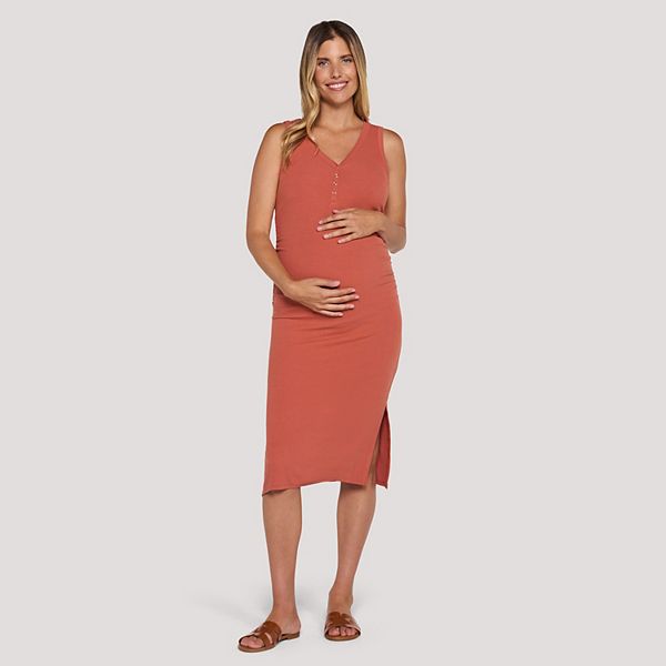 maternity long sleeve henley midi dress Women's Split Maternity Dress Long Sleeve Henley Collar Button Bodycon  Ribbed Knit Pregnancy