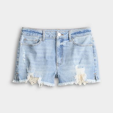 Juniors' SO® High Rise Denim Frayed Crochet Hem Shorts
