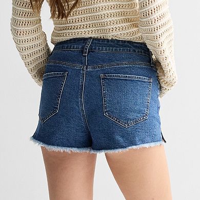 Juniors' SO® High Rise Denim Frayed Crochet Hem Shorts