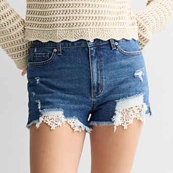 Juniors' SO® High Rise Denim Frayed Crochet Hem Shorts