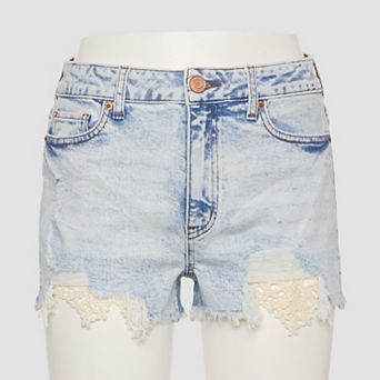 Juniors' SO® High Rise Denim Frayed Crochet Hem Shorts