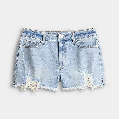 Juniors' SO® Curvy High Rise Denim Frayed Crochet Hem Shorts