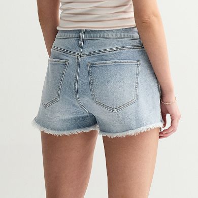 Juniors' SO® Curvy High Rise Denim Frayed Crochet Hem Shorts