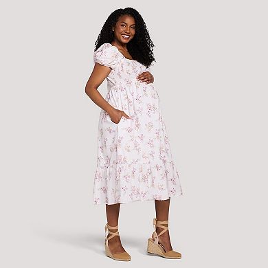 Maternity Motherhood® Smocked Bodice Midi Dress with Puff Sleeves