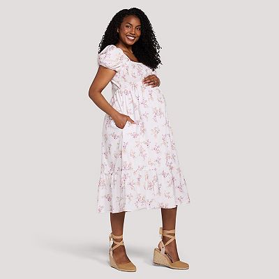 maternity midi dress with sleeves Blue Short Puff Sleeve Shirred Midi Dress