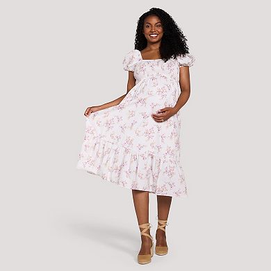 Maternity Motherhood® Smocked Bodice Midi Dress with Puff Sleeves