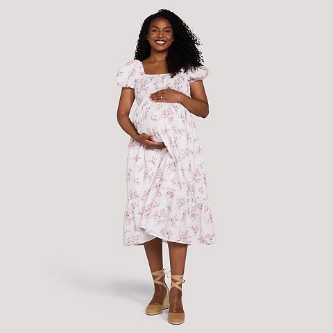 Женские платья Maternity Motherhood ® Smocked Bodice Midi Dress with Puff Sleeves