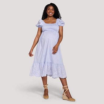 Maternity Motherhood® Smocked Bodice Midi Dress with Puff Sleeves