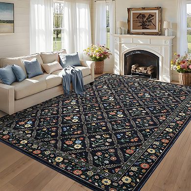 Floral Machine Washable Area Rug with Non-Slip Backing Non-Slip Stain Resistant Carpet