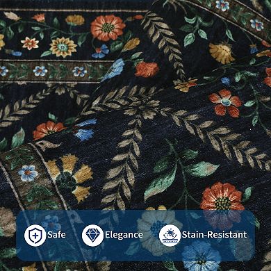 Floral Machine Washable Area Rug with Non-Slip Backing Non-Slip Stain Resistant Carpet