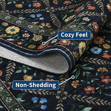 Floral Machine Washable Area Rug with Non-Slip Backing Non-Slip Stain Resistant Carpet