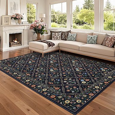 Floral Machine Washable Area Rug with Non-Slip Backing Non-Slip Stain Resistant Carpet