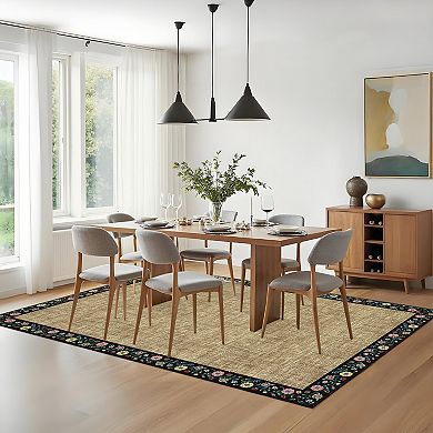 Floral Border Machine Washable Area Rug for Living Room Non-Slip Stain Resistant Carpet