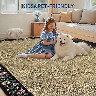 Floral Border Machine Washable Area Rug for Living Room Non-Slip Stain Resistant Carpet
