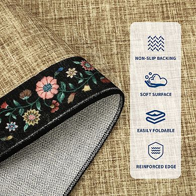Floral Border Machine Washable Area Rug for Living Room Non-Slip Stain Resistant Carpet