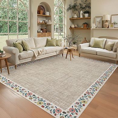 Floral Border Machine Washable Area Rug for Living Room Non-Slip Stain Resistant Carpet