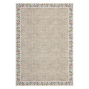 Floral Border Machine Washable Area Rug for Living Room Non-Slip Stain Resistant Carpet