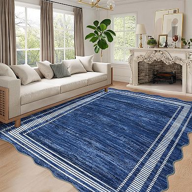 Modern Scalloped Edge Machine Washable Area Rug No-Shedding Stain-Resistant Non-Slip Carpet