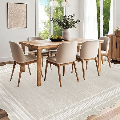 Modern Scalloped Edge Machine Washable Area Rug No-Shedding Stain-Resistant Non-Slip Carpet