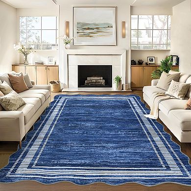 Modern Scalloped Edge Machine Washable Area Rug No-Shedding Stain-Resistant Non-Slip Carpet
