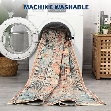 Vintage Machine Washable Area Rug for Living Room Non-Slip Stain Resistant Carpet