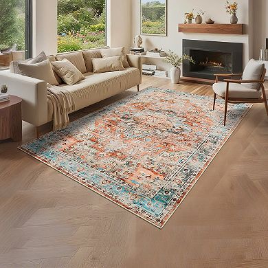 Vintage Machine Washable Area Rug for Living Room Non-Slip Stain Resistant Carpet