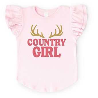 Country Girl Antlers Puff Print - Flutter Sleeve Graphic T-Shirt
