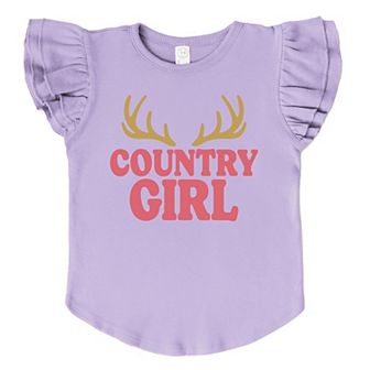 Country Girl Antlers Puff Print - Flutter Sleeve Graphic T-Shirt