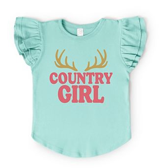 Country Girl Antlers Puff Print - Flutter Sleeve Graphic T-Shirt