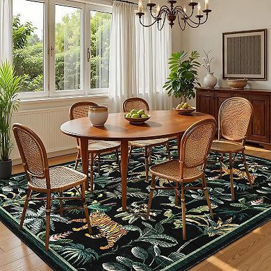 Machine Washable Rug Tiger Tropical Jungle Plant Area Rug Stain Resistant Carpet