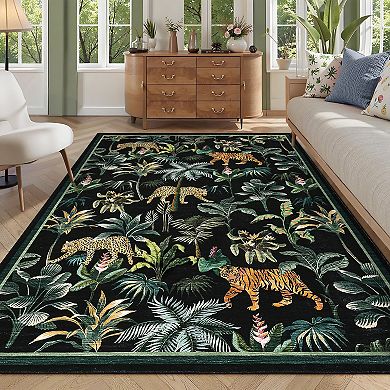 Machine Washable Rug Tiger Tropical Jungle Plant Area Rug Stain Resistant Carpet