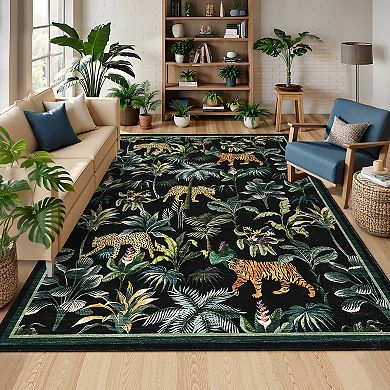 Machine Washable Rug Tiger Tropical Jungle Plant Area Rug Stain Resistant Carpet