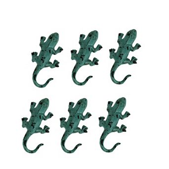 Distressed Green Metal Lizard Wall Hooks Set of 6