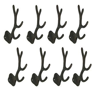 Rustic Brown Cast Iron Antler Wall Hook Set 8 pc