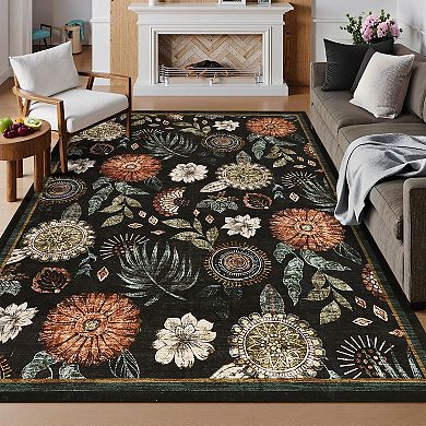 Floral Machine Washable Area Rug for Living Room Non-Slip Stain Resistant Carpet
