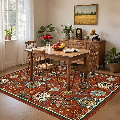 Floral Machine Washable Area Rug for Living Room Non-Slip Stain Resistant Carpet