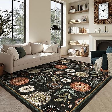 Floral Machine Washable Area Rug for Living Room Non-Slip Stain Resistant Carpet