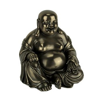 Bronze Finish Laughing Buddha Holding Beads and Bag Statue