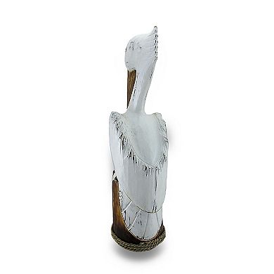 Hand Carved / Painted Wooden Pelican On Piling Statue Coastal