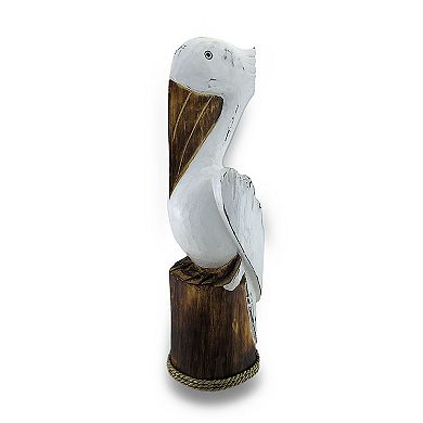 Hand Carved / Painted Wooden Pelican On Piling Statue Coastal