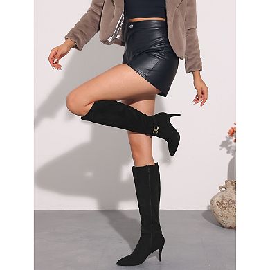 Women's Buckle Pointed Toe Side Zip Stiletto Heel Knee High Boots