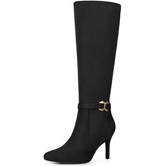 Women's Buckle Pointed Toe Side Zip Stiletto Heel Knee High Boots
