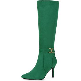 Women's Buckle Pointed Toe Side Zip Stiletto Heel Knee High Boots