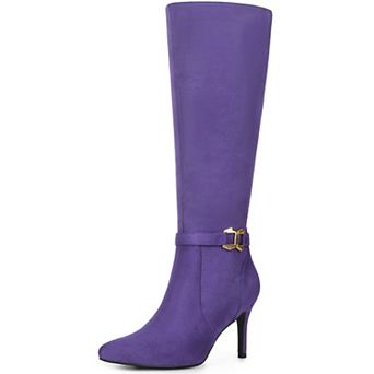 Women's Buckle Pointed Toe Side Zip Stiletto Heel Knee High Boots