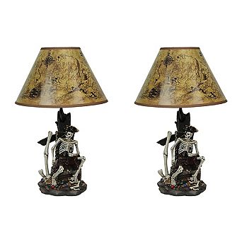 SET OF 2 Pirate Skeleton W/ Treasure Table Lamps W/ Shades 21 in tall
