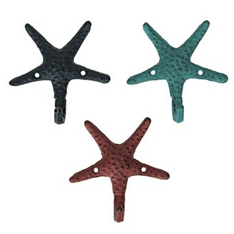 Set of 3 Cast Iron Coral Starfish Decorative Wall Hooks Hangers 4 in