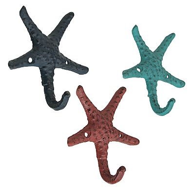 Set of 3 Cast Iron Coral Starfish Decorative Wall Hooks Hangers 4 Inches